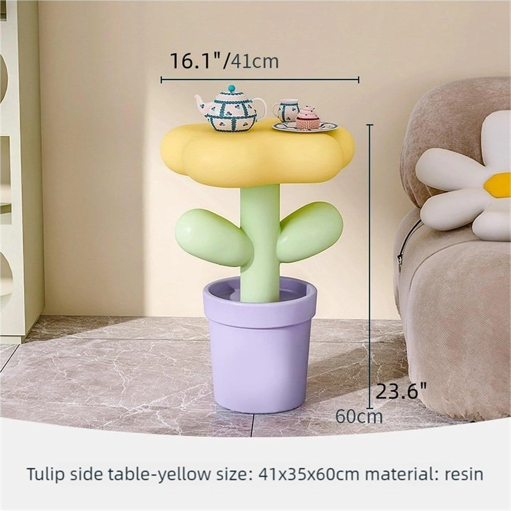 Tulip Flower Pot Resin Side Table, Modern Small Coffee Table for Living Room, Sofa End Table for Bedroom, Balcony Decor Furniture(Yellow)