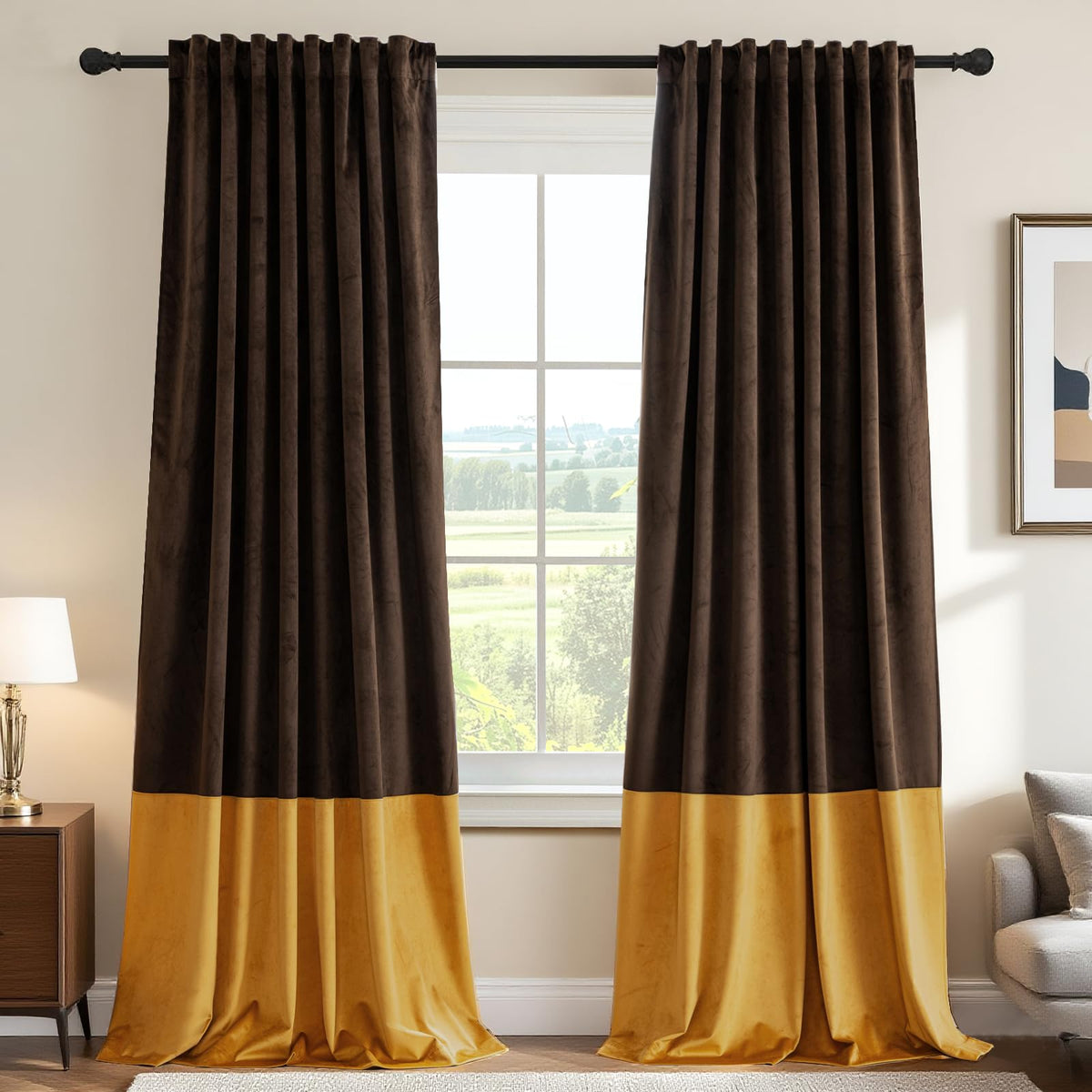 Velvet Color-Block Curtain Set