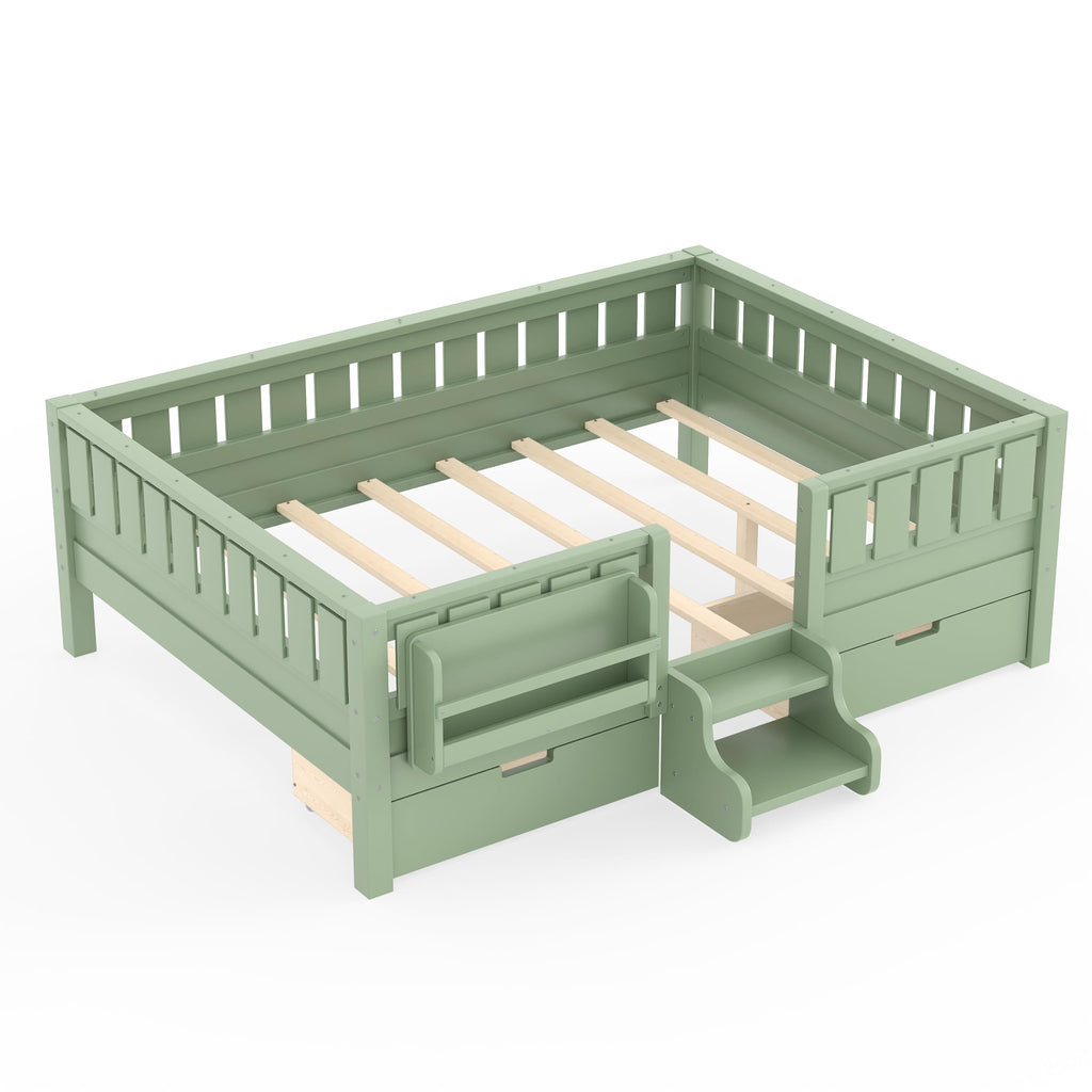 Montessori Bed with Stairs, Bookshelf & Storage Drawers
