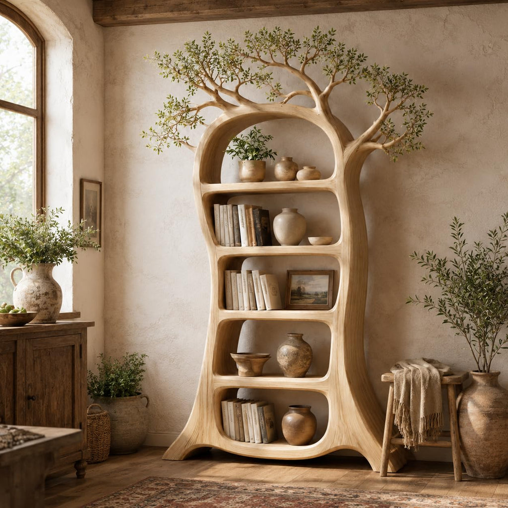 Rustic Tree Bookshelf, Solid Wood 70" H x 60" W Nature Inspired Bookcase with Open Shelves for Living Room Wall Decor (Option 4)
