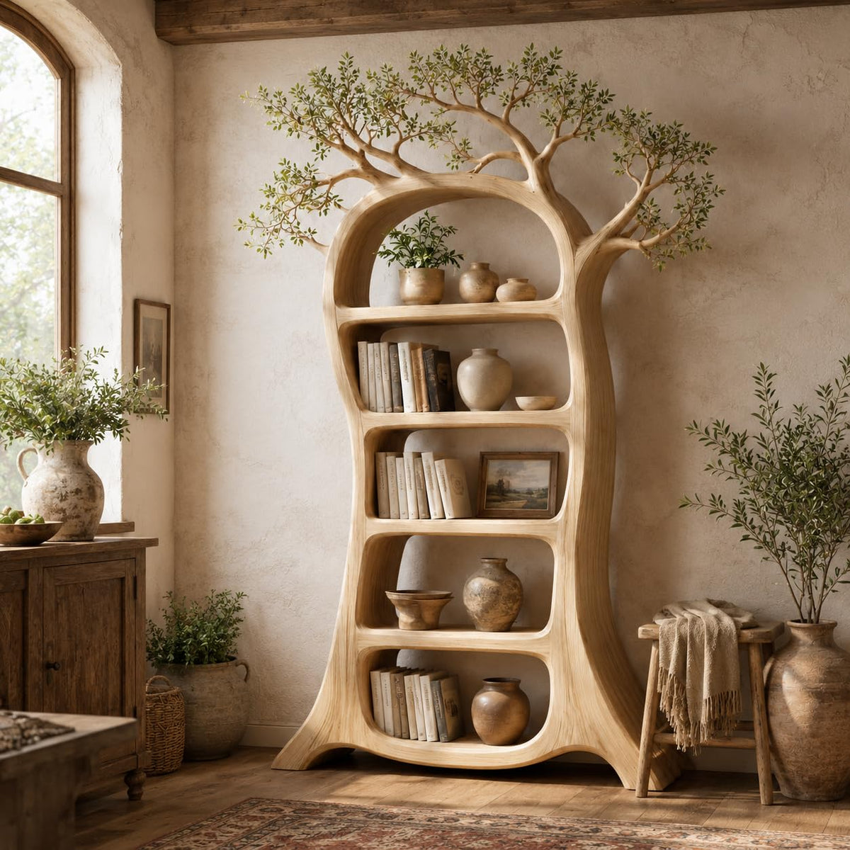 Rustic Tree Bookshelf, Solid Wood 70" H x 60" W Nature Inspired Bookcase with Open Shelves for Living Room Wall Decor (Option 4)