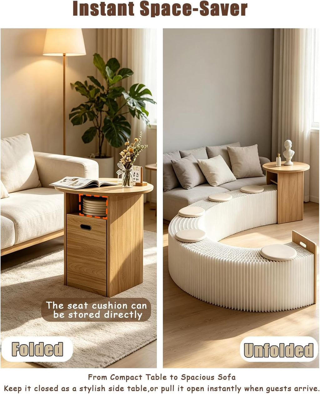 Solid Wood Coffee Table with Folding Paper Stool