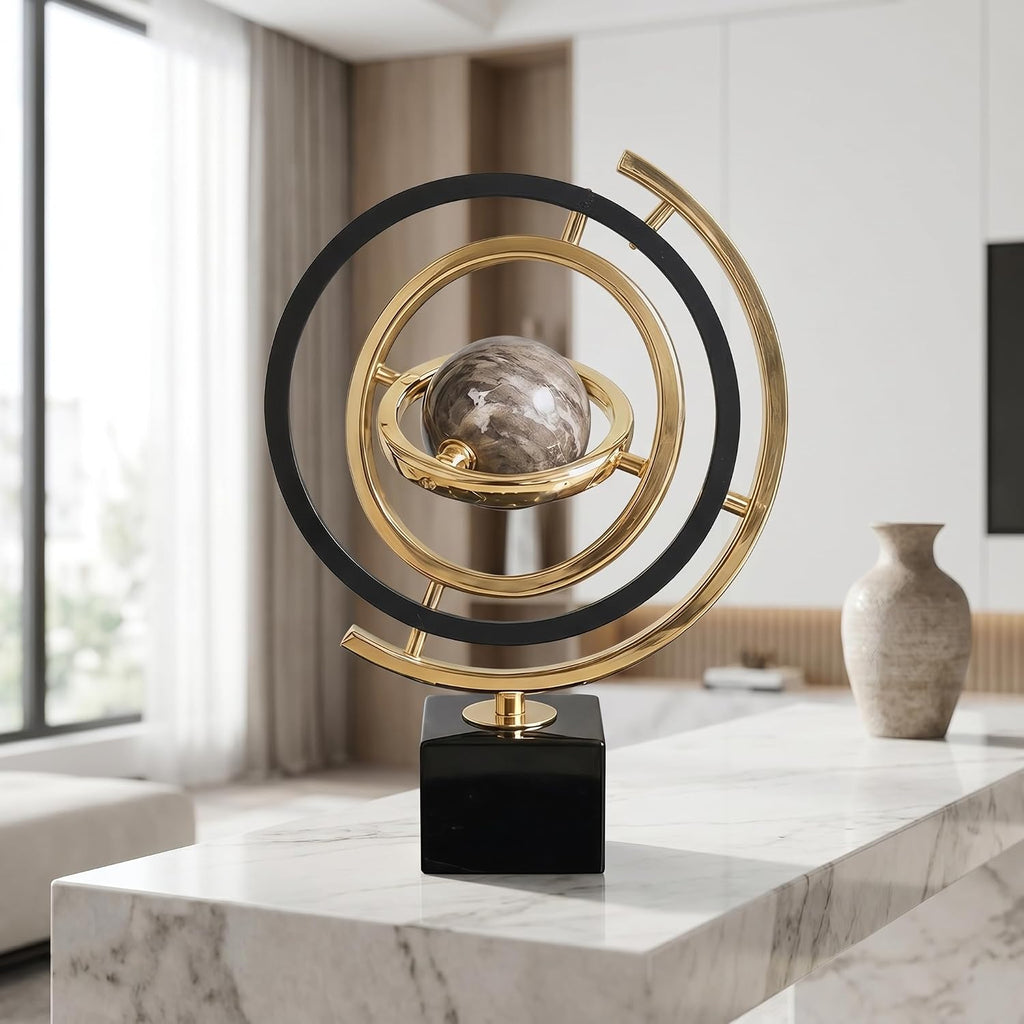 Abstract Metal Globe Sculpture Decor, Modern Black and Gold