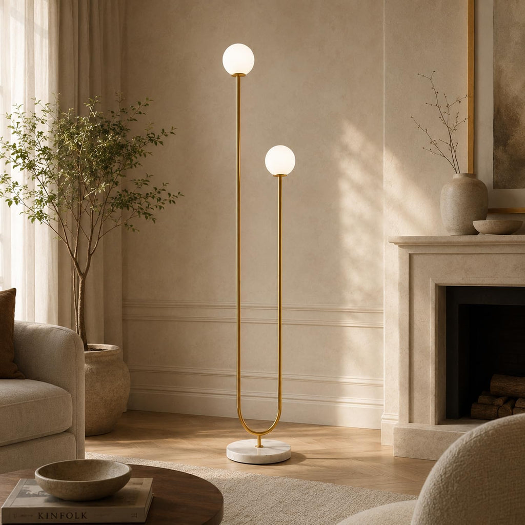 Mid-Century Modern U-Shaped Floor Lamp with Frosted Glass Shades