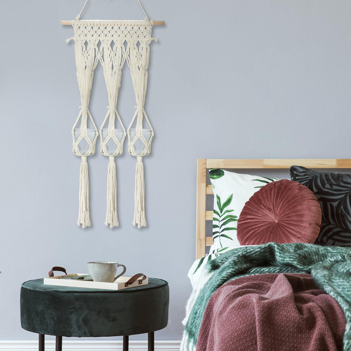 Macramé Wall Shelf with Three Glass Vases