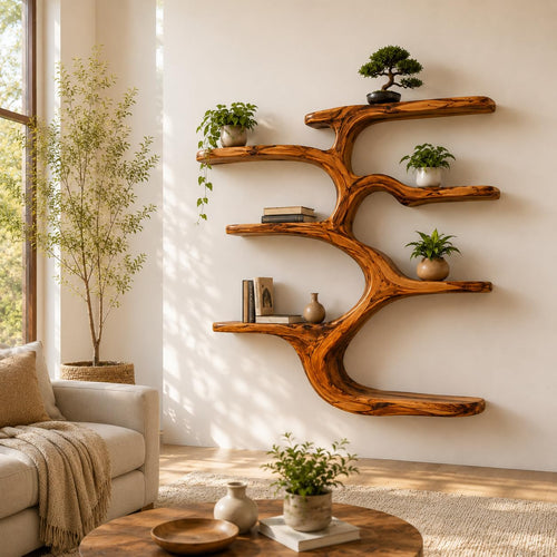 Contemporary Wooden Tree Bookcase, Wall Mounted Branch Display Shelf with 8" D Open Storage for Living Room, Office & Plant Decor (Option 3)