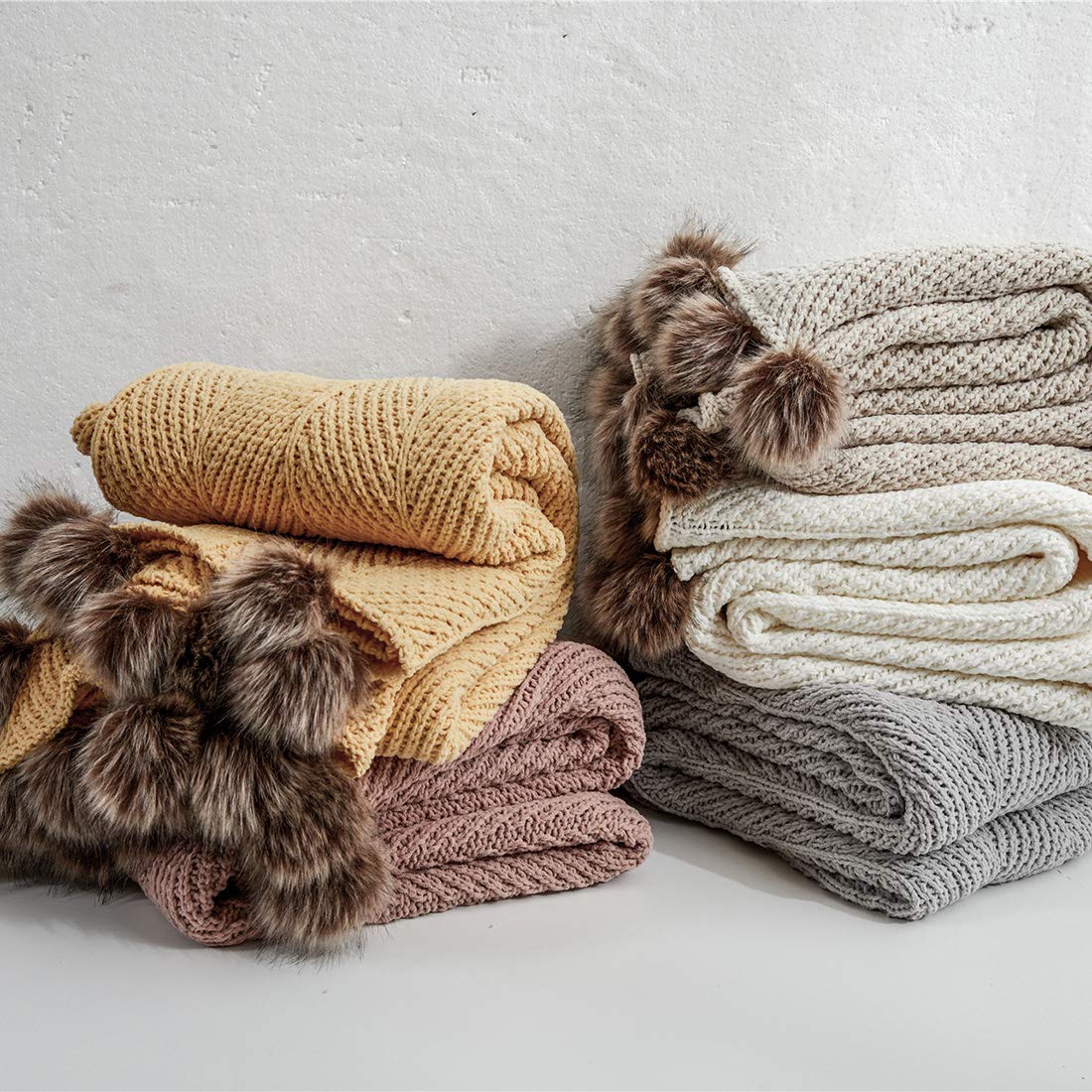 Cable-Knit Pom-Pom Throw Blanket