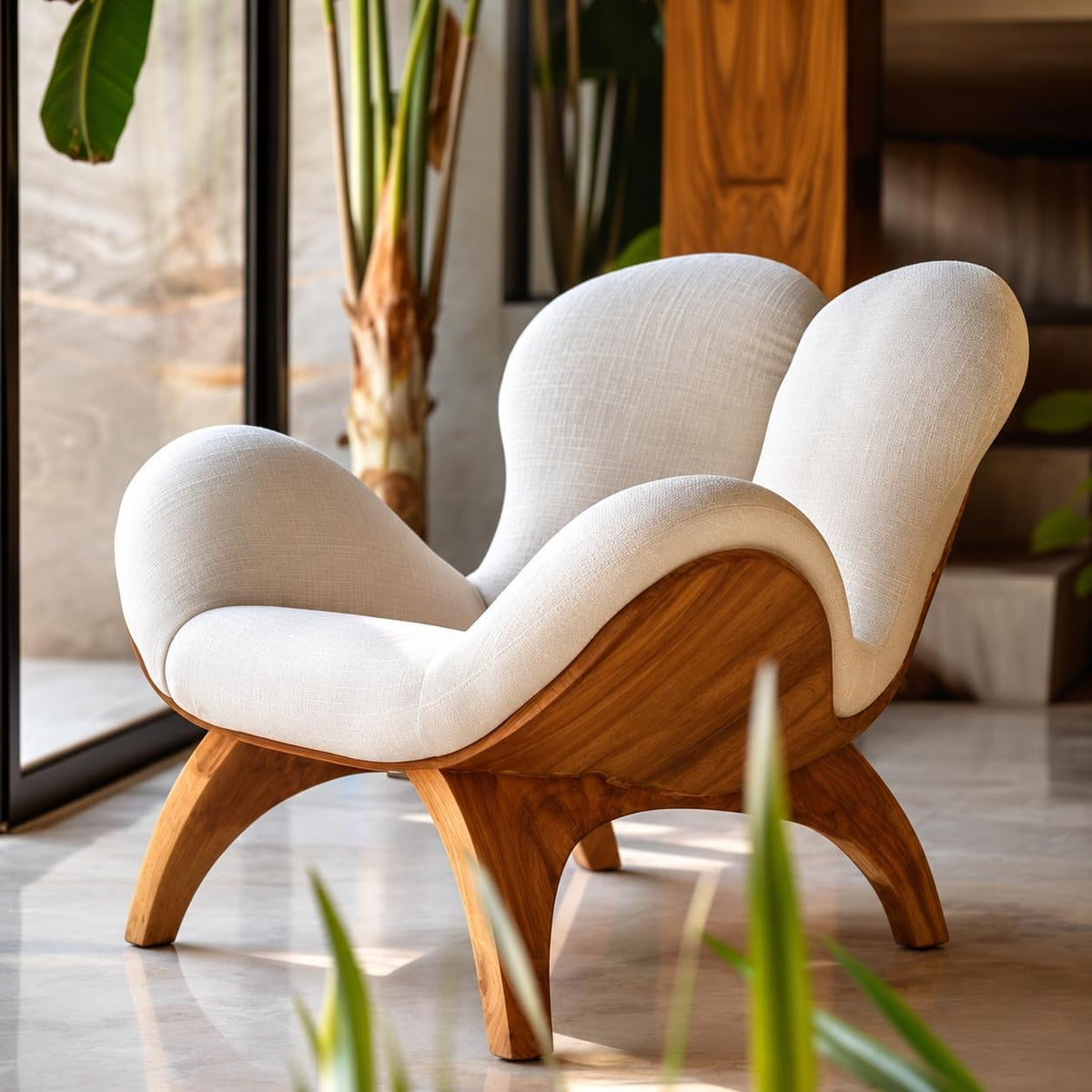 Cream Upholstered Accent Chair, Sculptural Solid Wood Lounge Armchair
