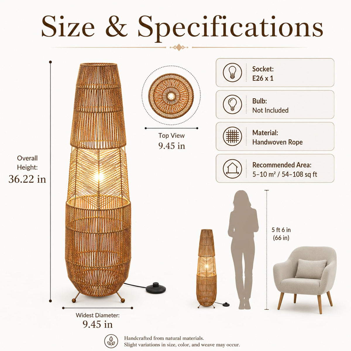 Boho Style Bamboo Woven Floor Lamp for Living Room, 36 in, Cozy Decor