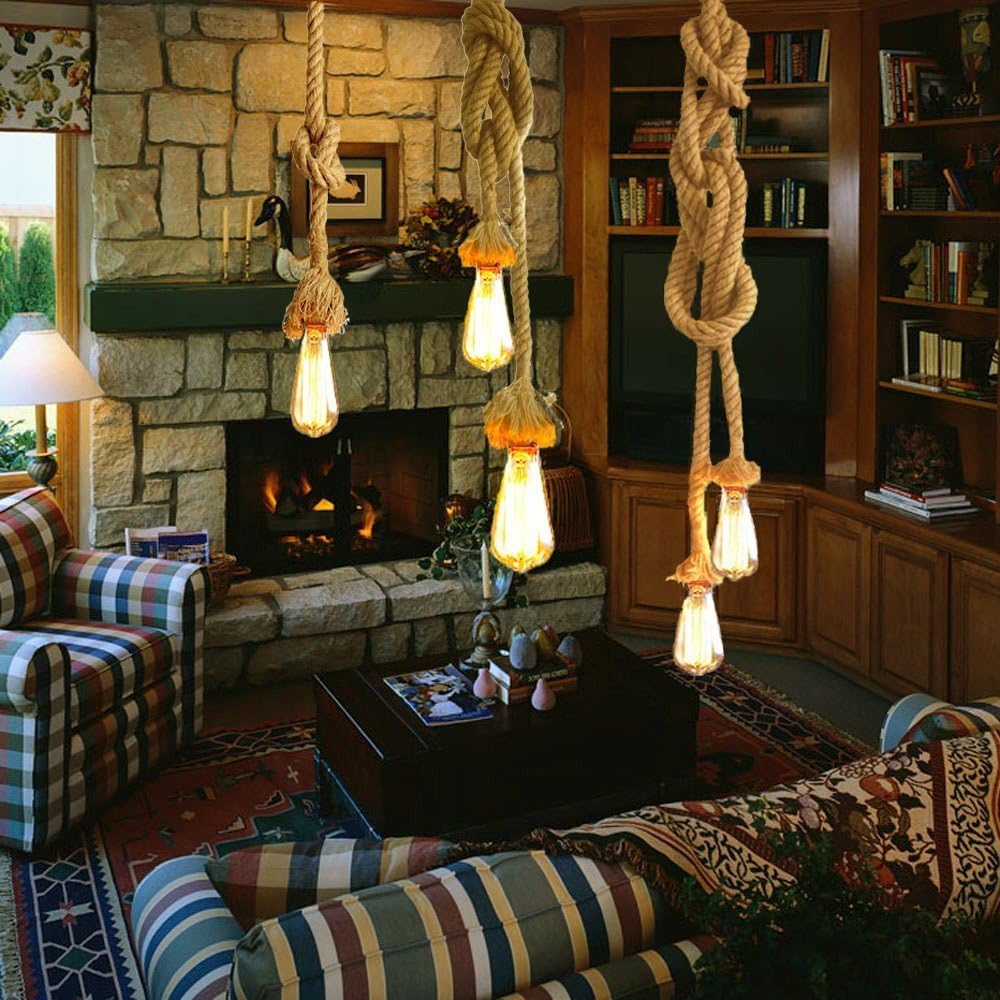 2 Heads Vintage(1.5+1.5 Meter) Hemp Rope Pendant Light Fixture E26/E27 Base