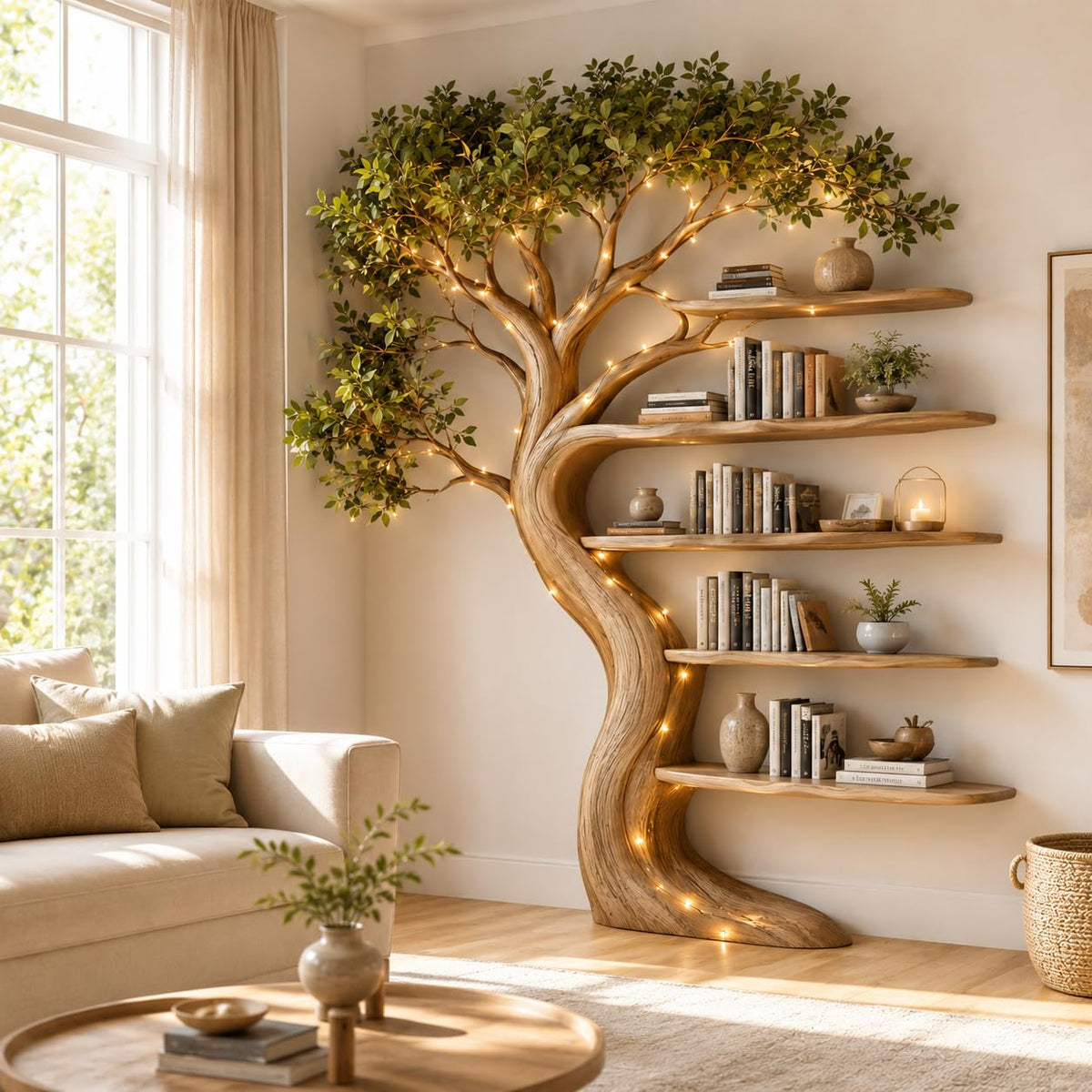 Rustic Tree Bookshelf, Solid Wood 70" H x 60" W Nature Inspired Bookcase with Open Shelves for Living Room Wall Decor (Option 4)
