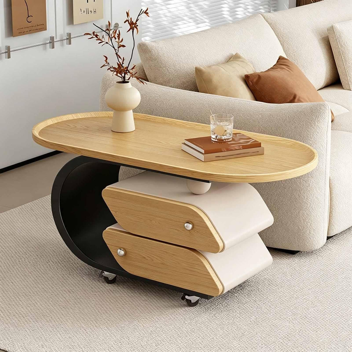 Rolling Wood-Top Storage Side Table
