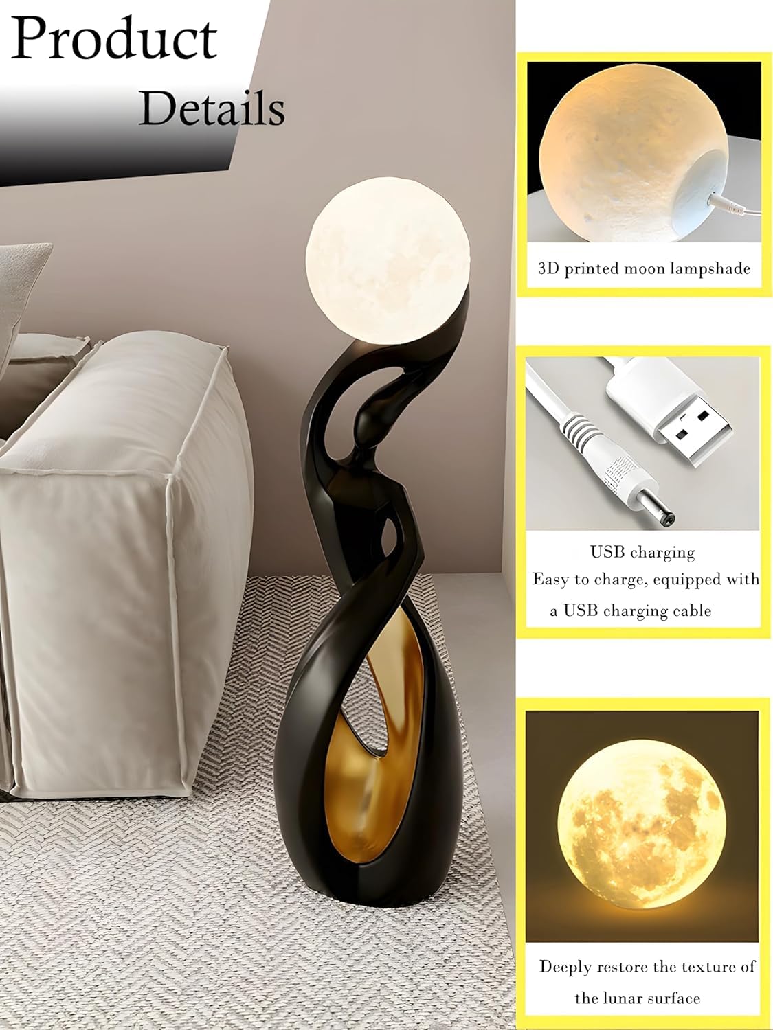 Modern Floor Lamp, Black Floor Lamps, Bedside Lamp with 3D Moon Lights