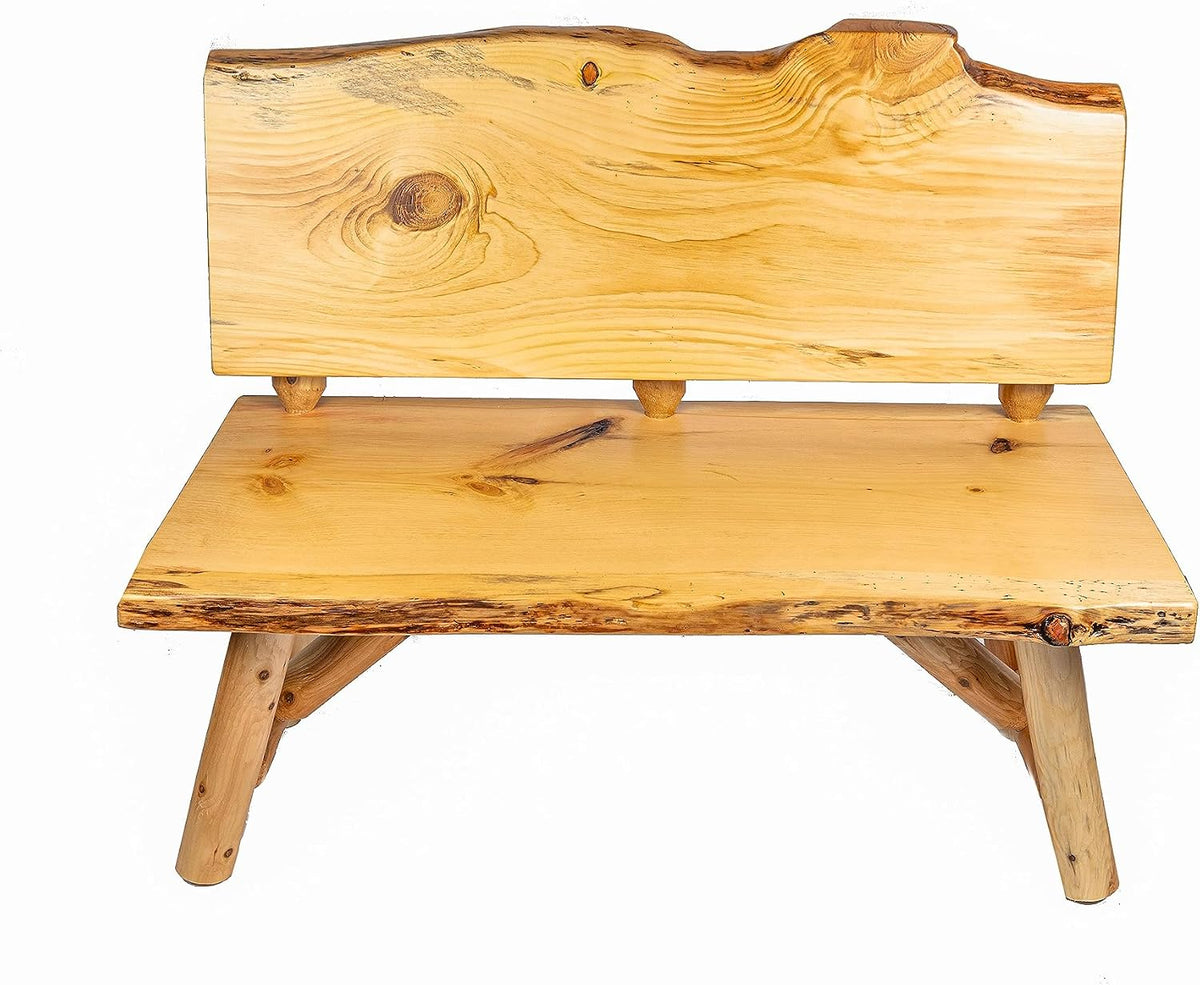 Rustic Log Live Edge Wooden Bench with Live Edge Slab Back Support (Natural Clear)