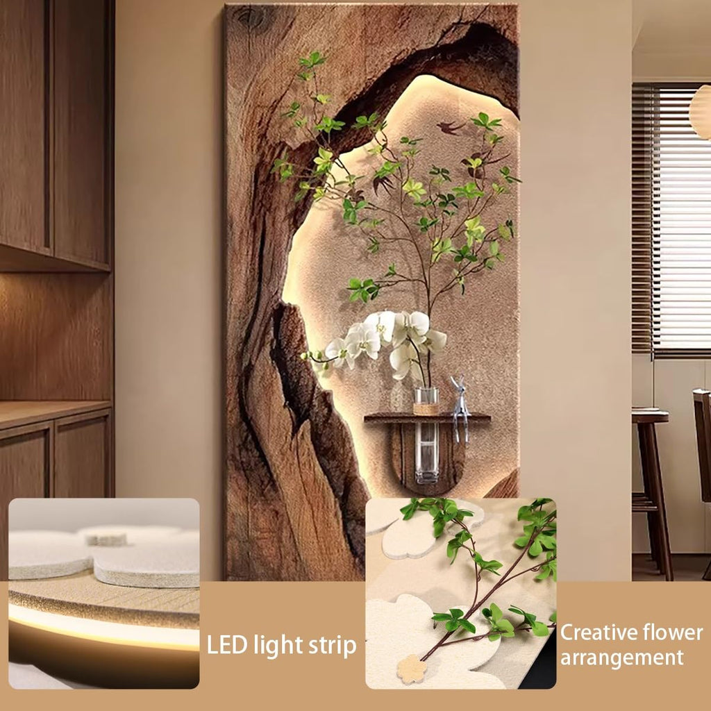 3D LED Sandstone Wall Art with Orchid Vase Detail