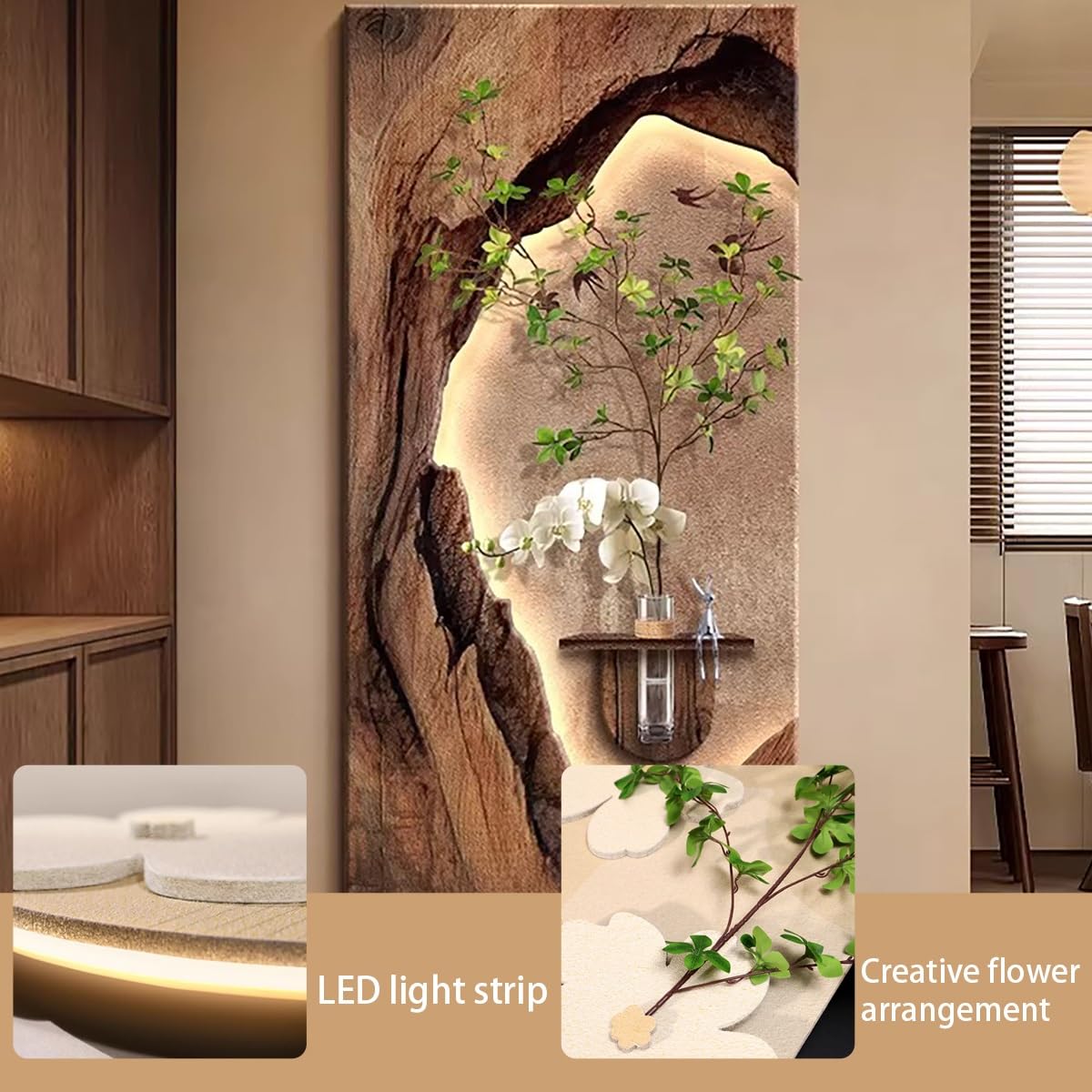 3D LED Sandstone Wall Art with Orchid Vase Detail