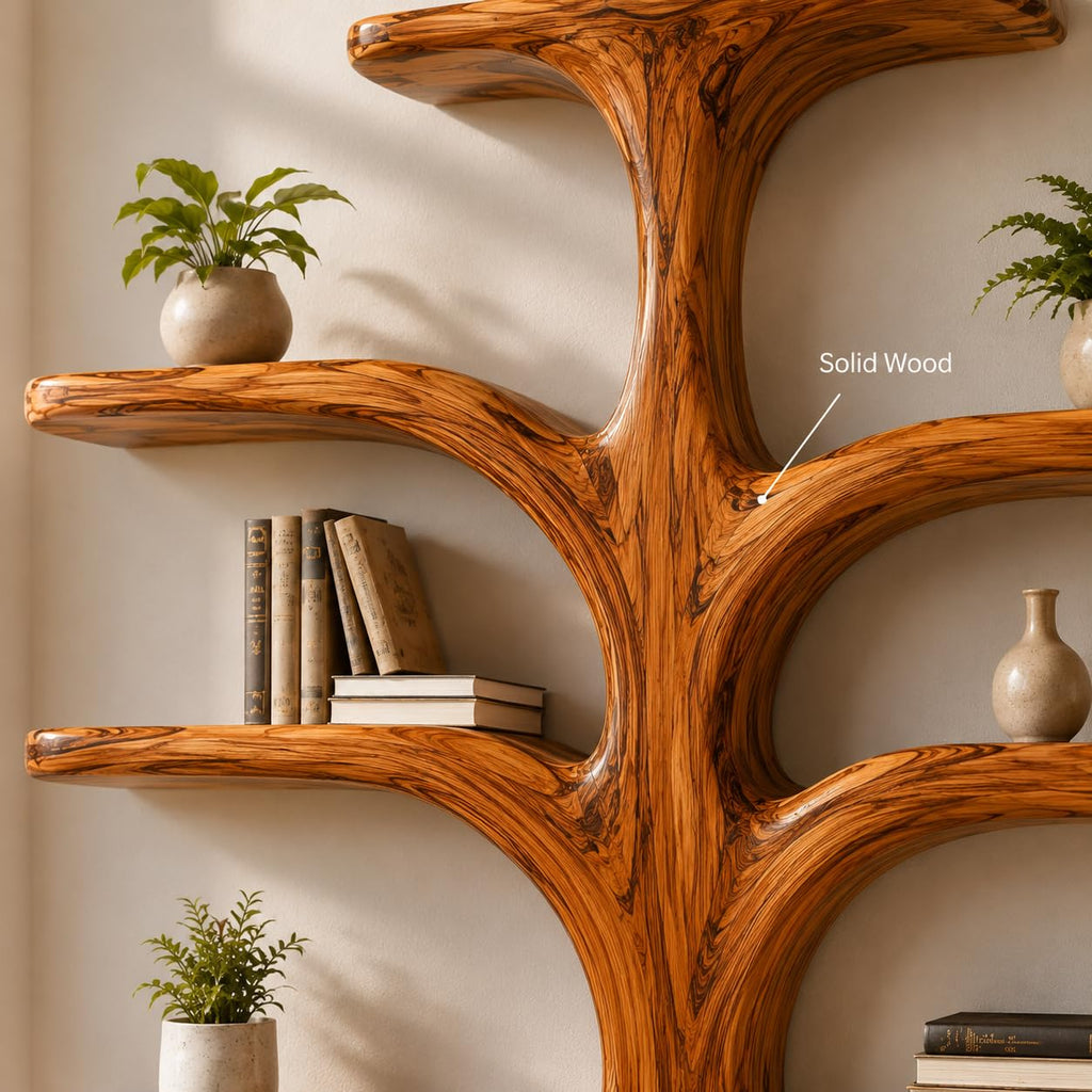 Contemporary Wooden Tree Bookcase, Wall Mounted Branch Display Shelf with 8" D Open Storage for Living Room, Office & Plant Decor (Option 3)