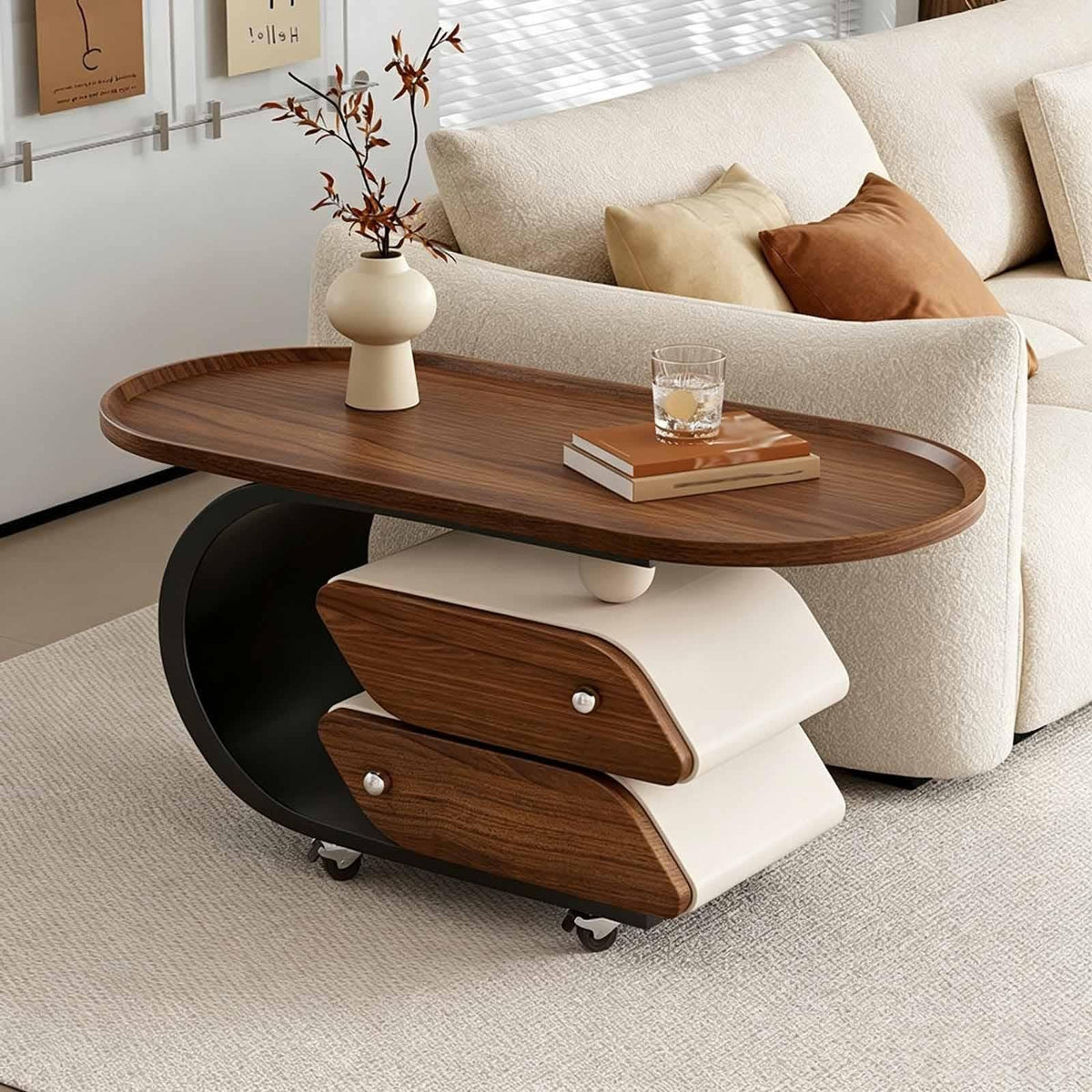Rolling Wood-Top Storage Side Table