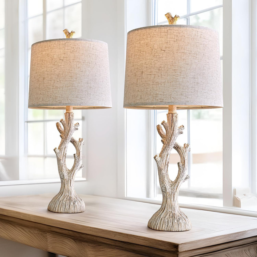 Rustic Tree-Trunk Table Lamp with Oatmeal Shade
