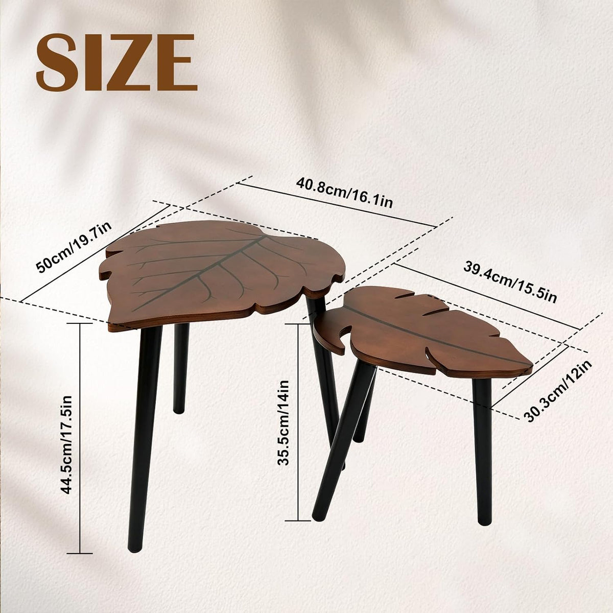 Nesting Coffee Table Set of 2, Monstera Leaf Wooden Side Table