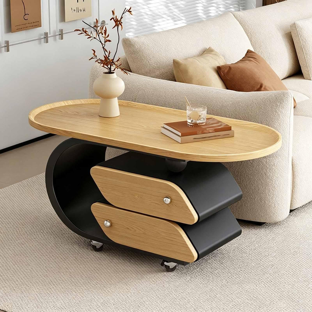 Rolling Wood-Top Storage Side Table