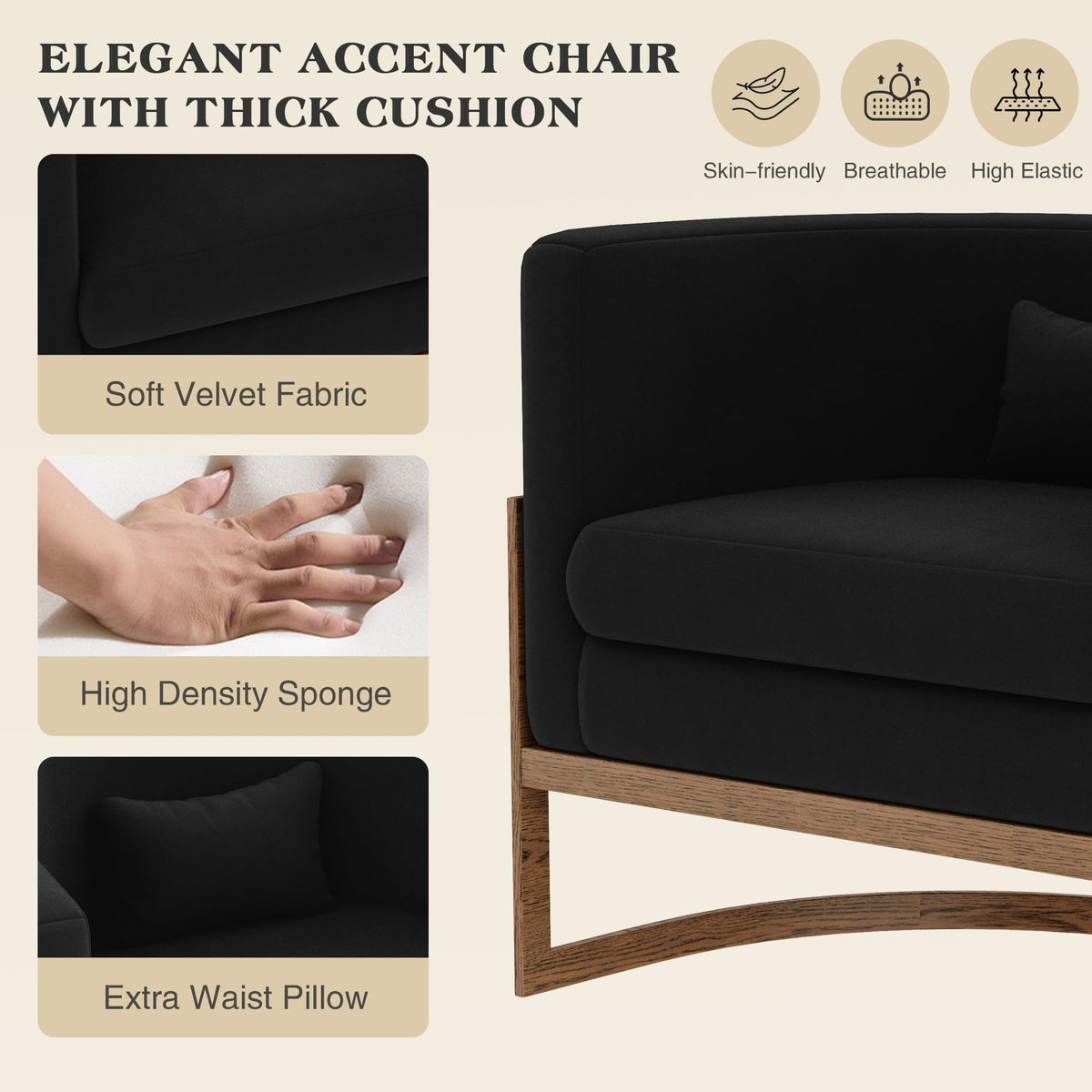 Velvet Accent Chair Ivory Modern Barrel Chair with Gold Legs