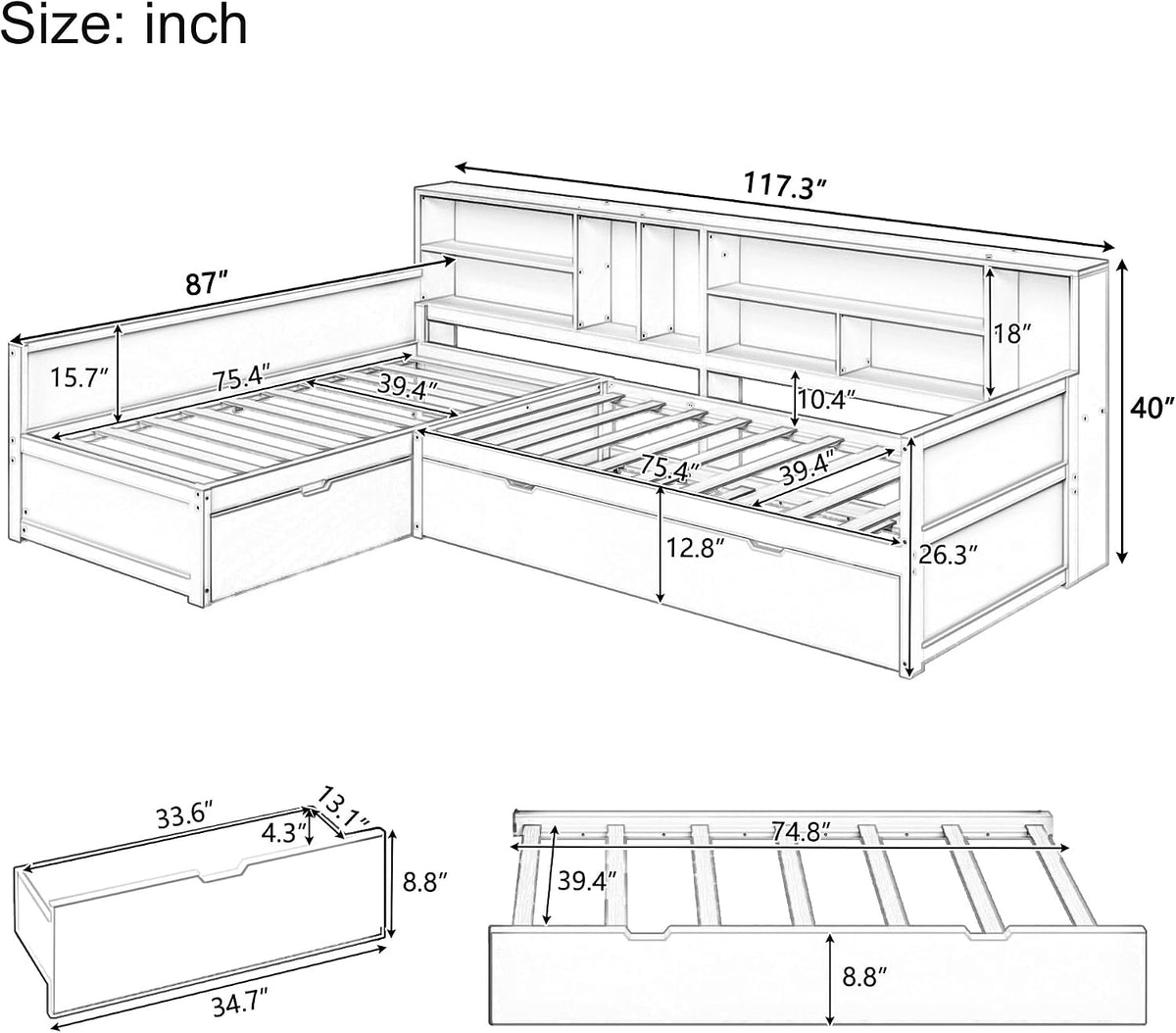 Merax Twin Wooden L-Shaped Daybed with Trundle and Storage Drawer, Seadrift