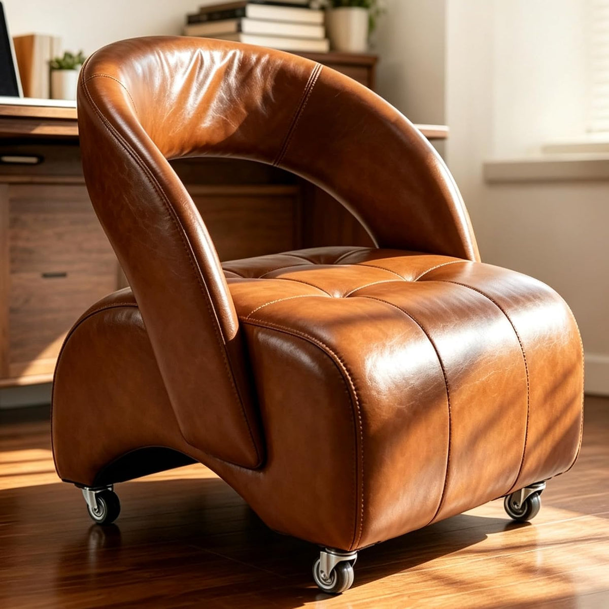 Vintage Faux Leather Rolling Chair with Curved Backrest