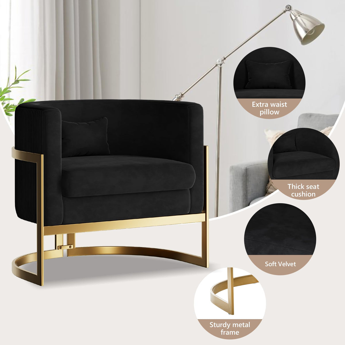 Velvet Accent Chair Ivory Modern Barrel Chair with Gold Legs