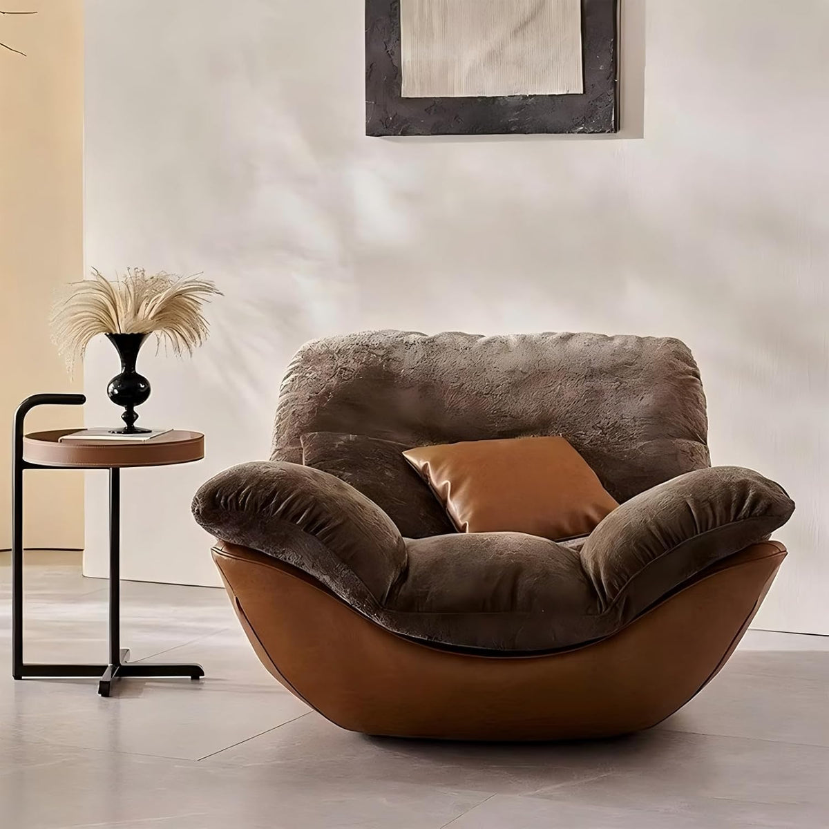 Modern Lounge Chair, Plush Fabric Lounge Chair with Faux Leather Base, Low Profile Lazy Sofa Chair, Ergonomic Curved Upholstered Chair for Living Room, Bedroom, Reading Nook, No Assembly Required