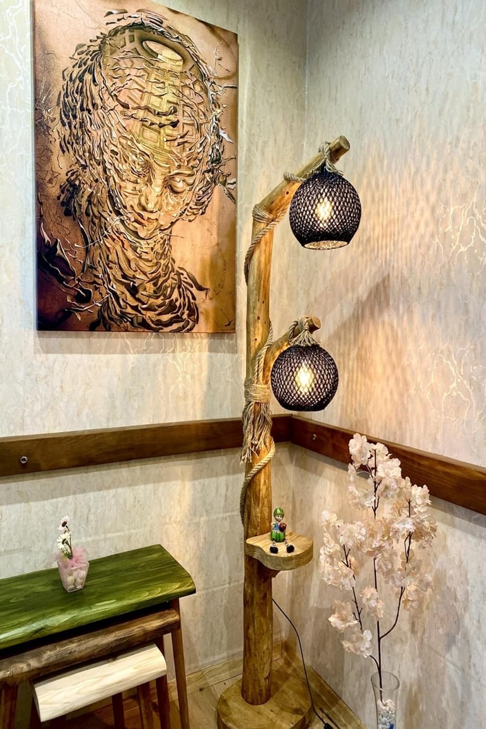 SODEF Handmade Wooden Floor Lamp 59 in Black Sphere Yalıkavak Series Wood Trunk