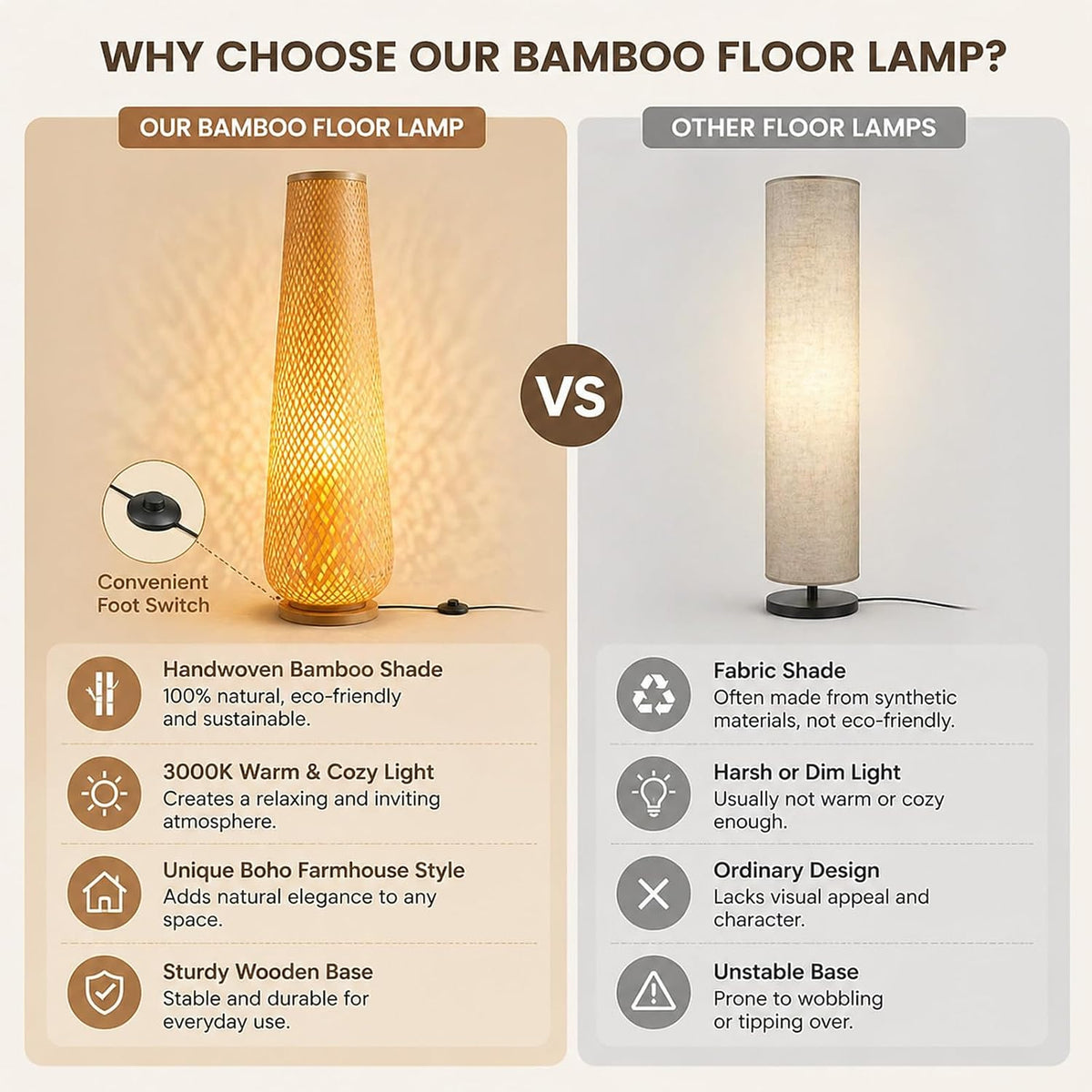 Boho Style Bamboo Woven Floor Lamp for Living Room, 36 in, Cozy Decor