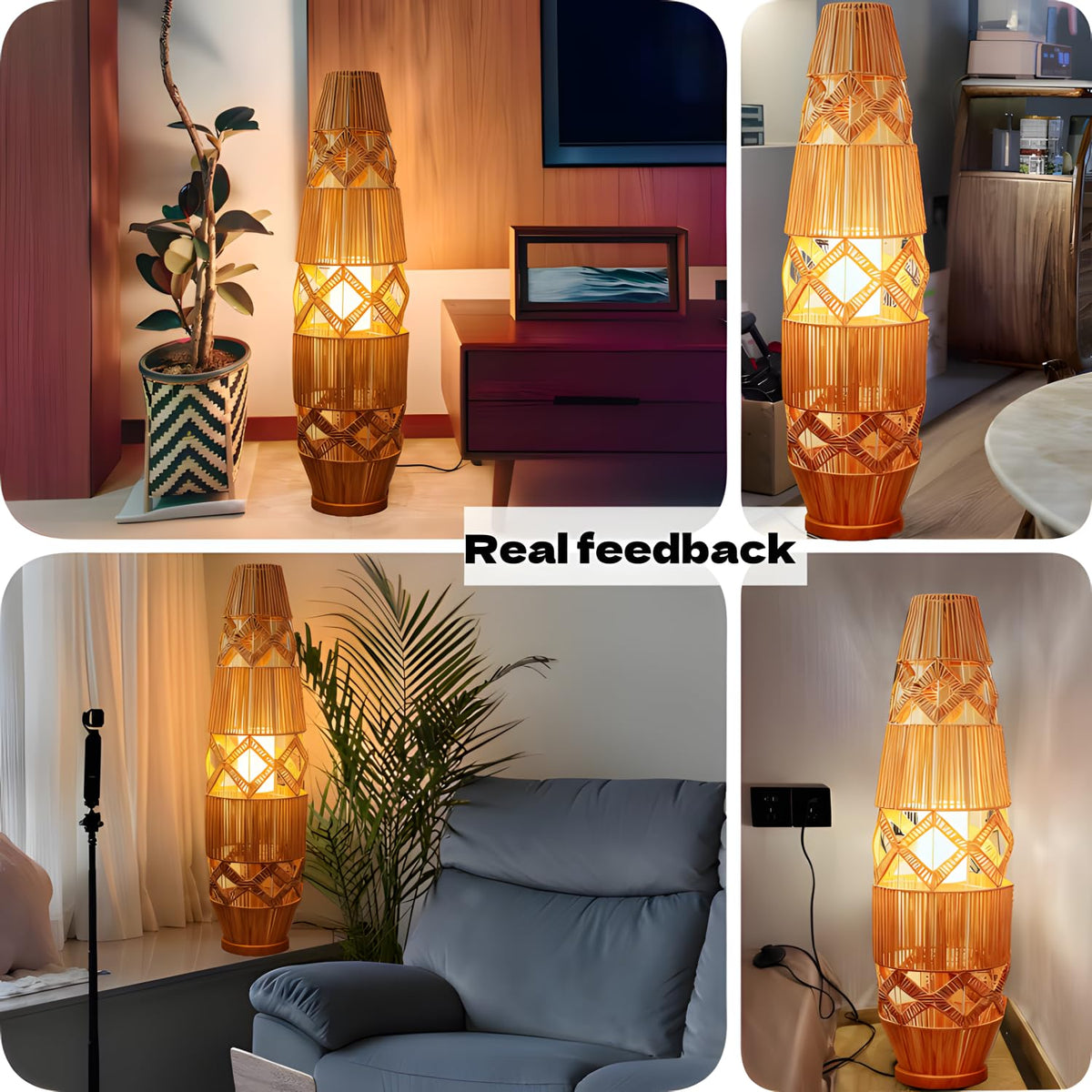 34.64" Mid Century Boho Farmhouse Wood Floor Lamp with Bamboo Shade