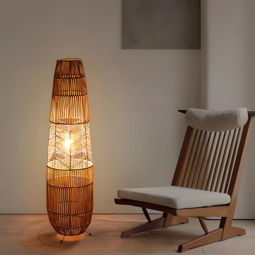 34.64" Mid Century Boho Farmhouse Wood Floor Lamp with Bamboo Shade
