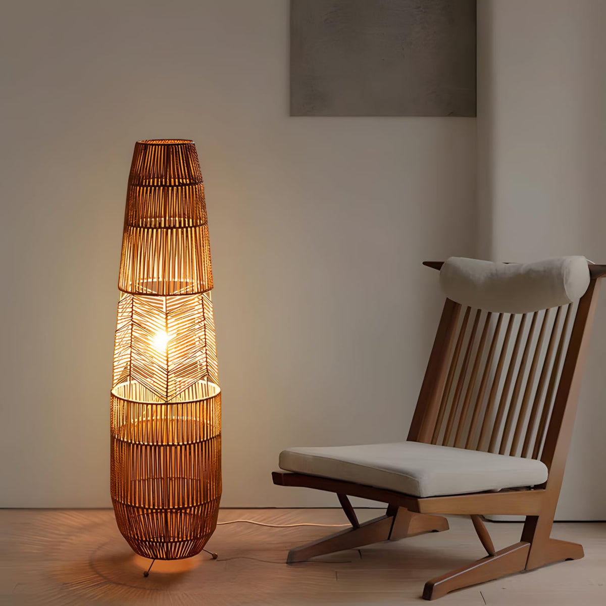34.64" Mid Century Boho Farmhouse Wood Floor Lamp with Bamboo Shade