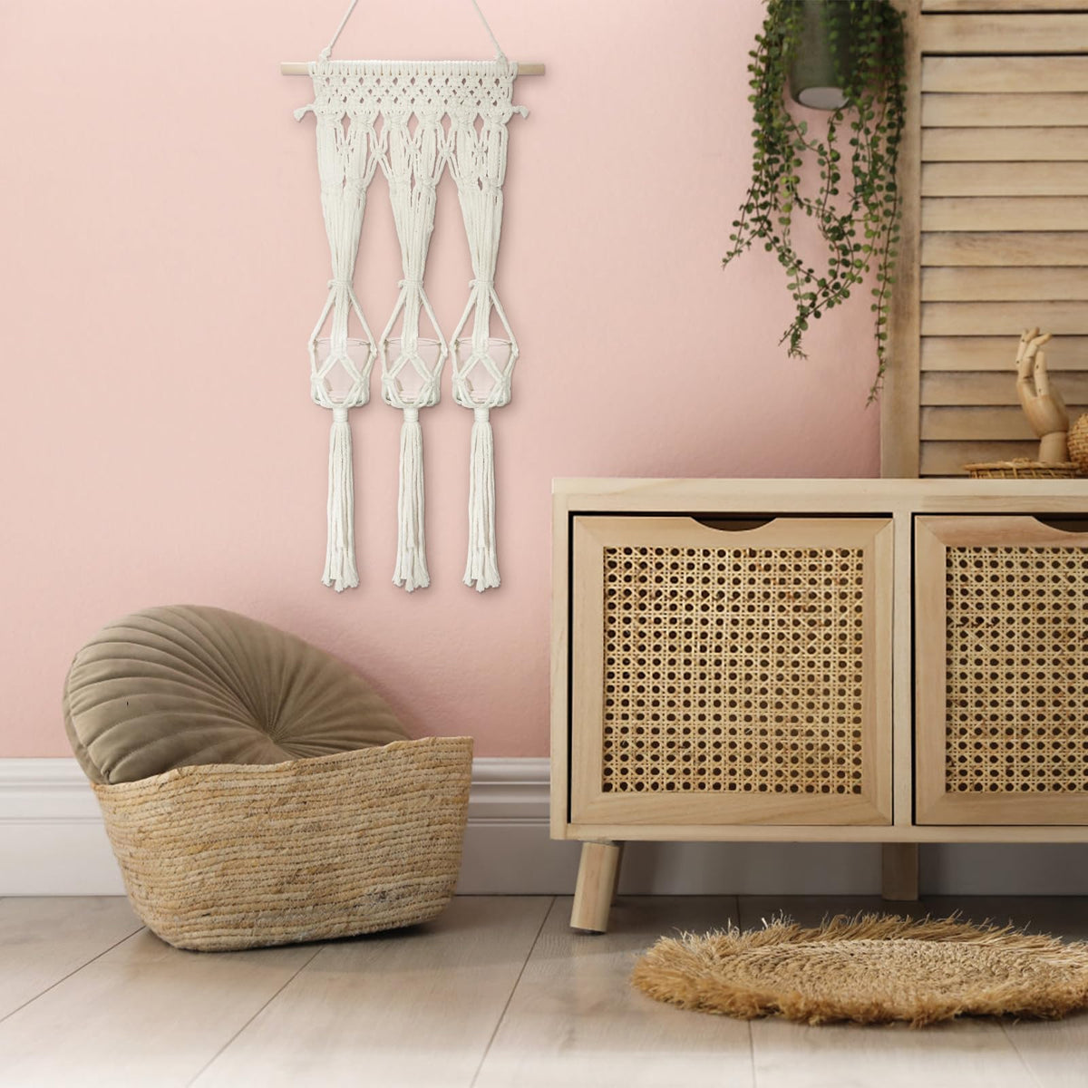 Macramé Wall Shelf with Three Glass Vases
