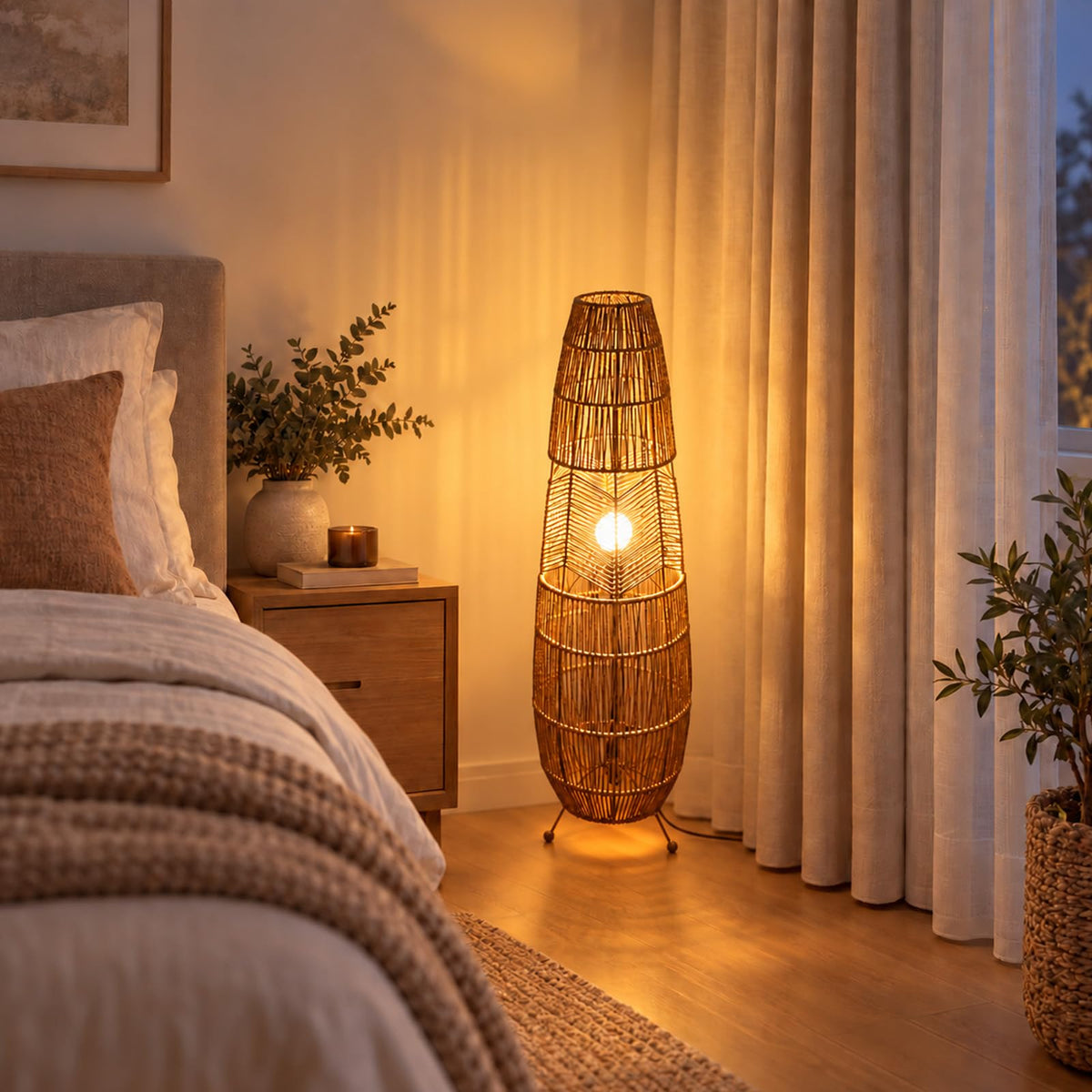 Boho Style Bamboo Woven Floor Lamp for Living Room, 36 in, Cozy Decor