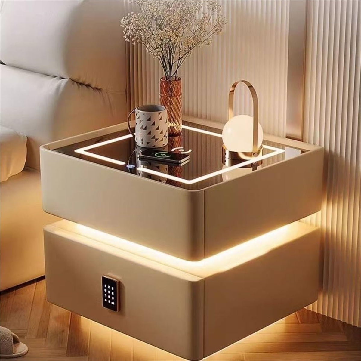 LED Smart Nightstand with 2 Drawers, Side Table, Modern Floating Nightstand for Bedroom and Living Room, Gray, 11.8"x15.7"x18.9"