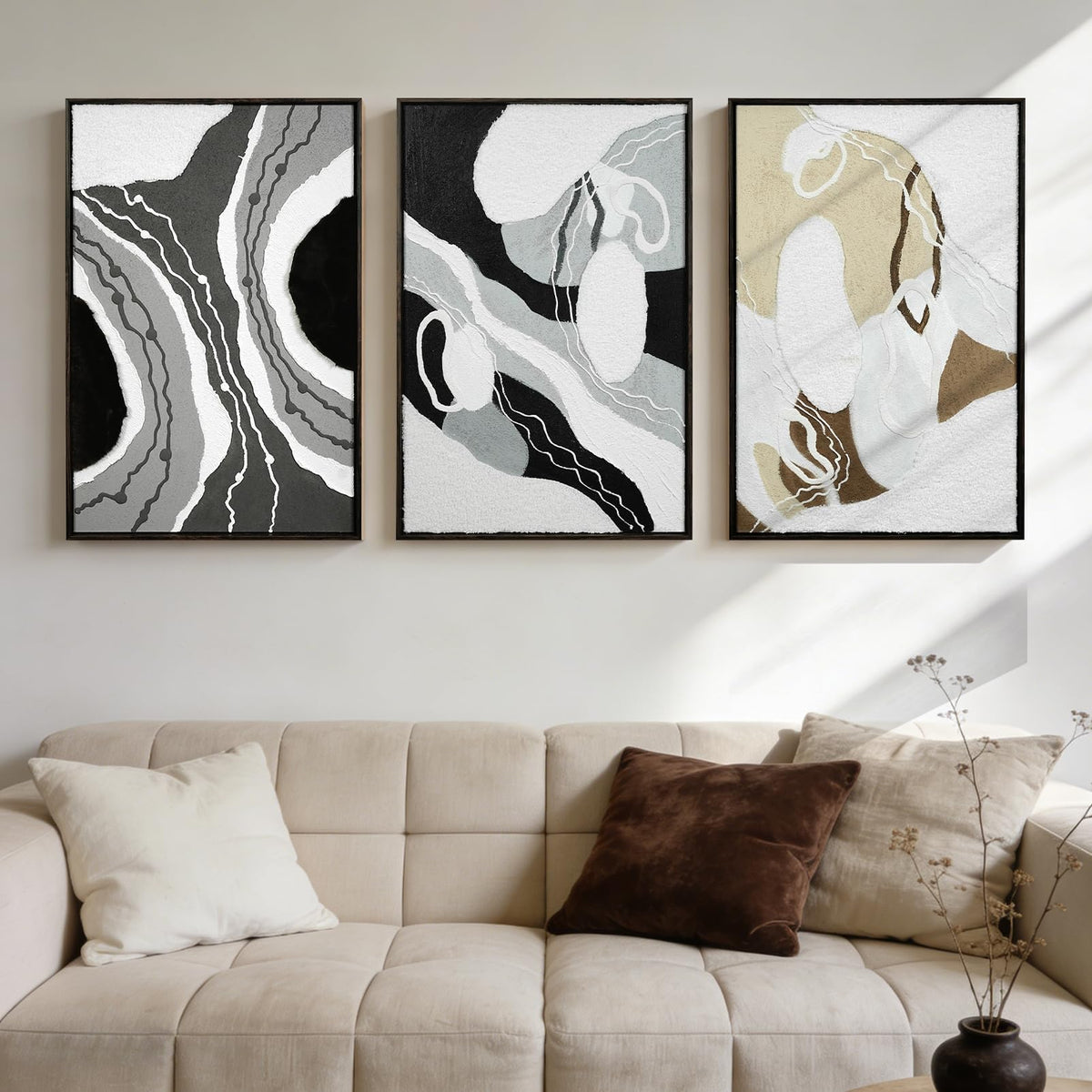 Framed 3D Geometric Sandstone Wall Art – Set of 3