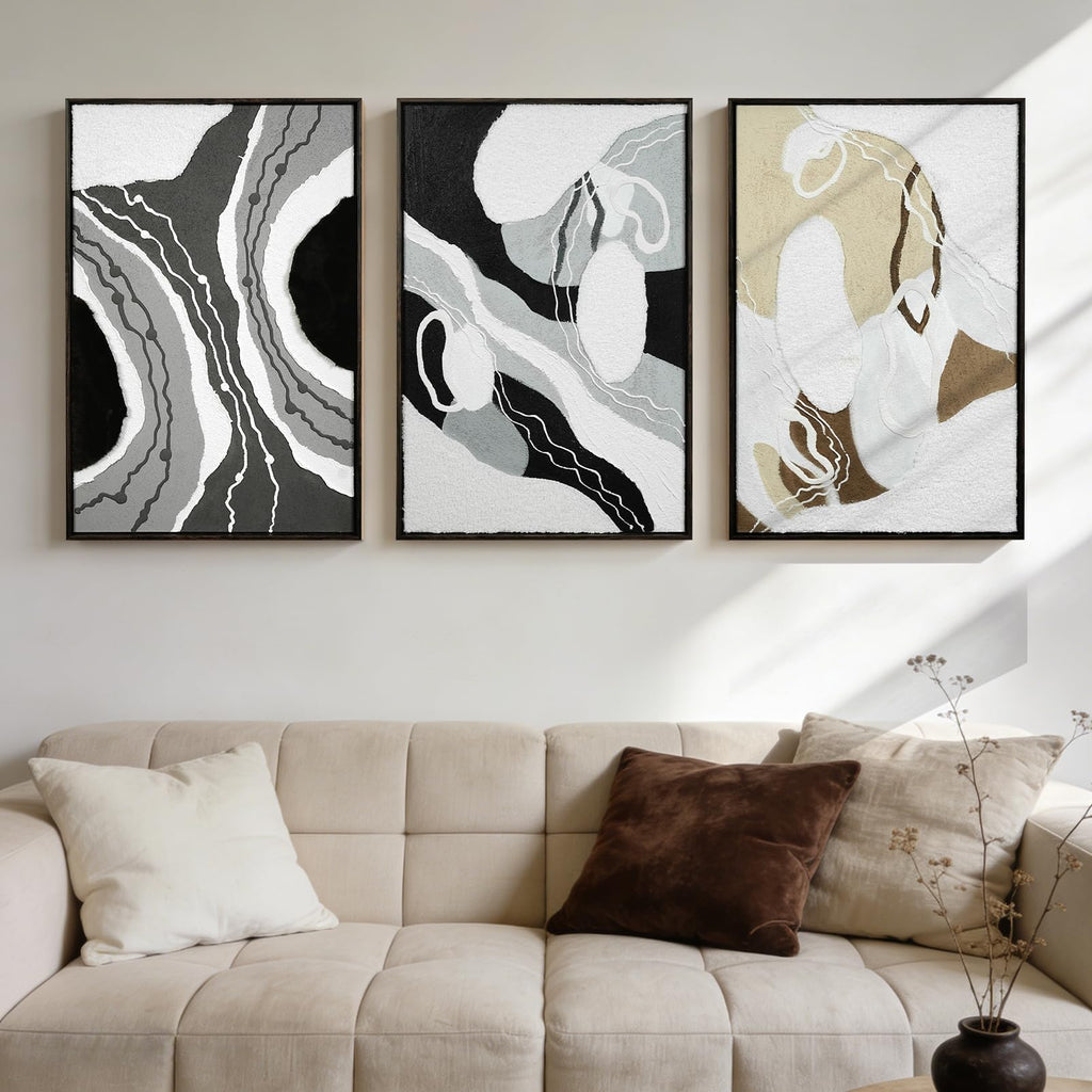 Framed 3D Geometric Sandstone Wall Art – Set of 3