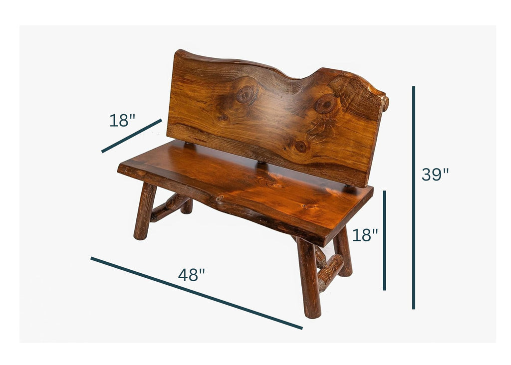 Rustic Log Live Edge Wooden Bench with Live Edge Slab Back Support (Natural Clear)