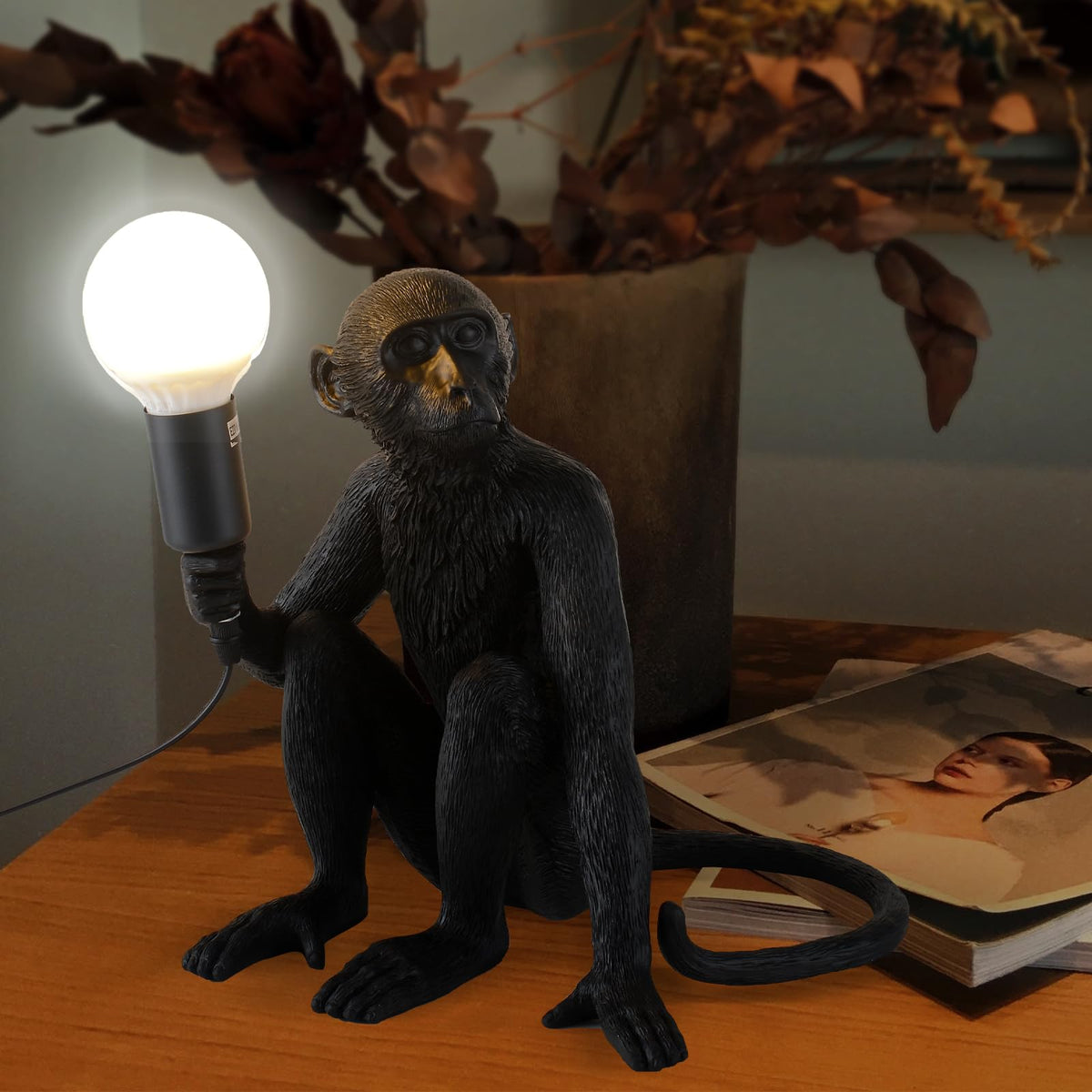 Modern Resin Monkey Wall Lamp & Pendant Light - Hemp Rope Vintage Lamp for Home Decor - Dining, Living Room, Bedroom, Entryway (Black)