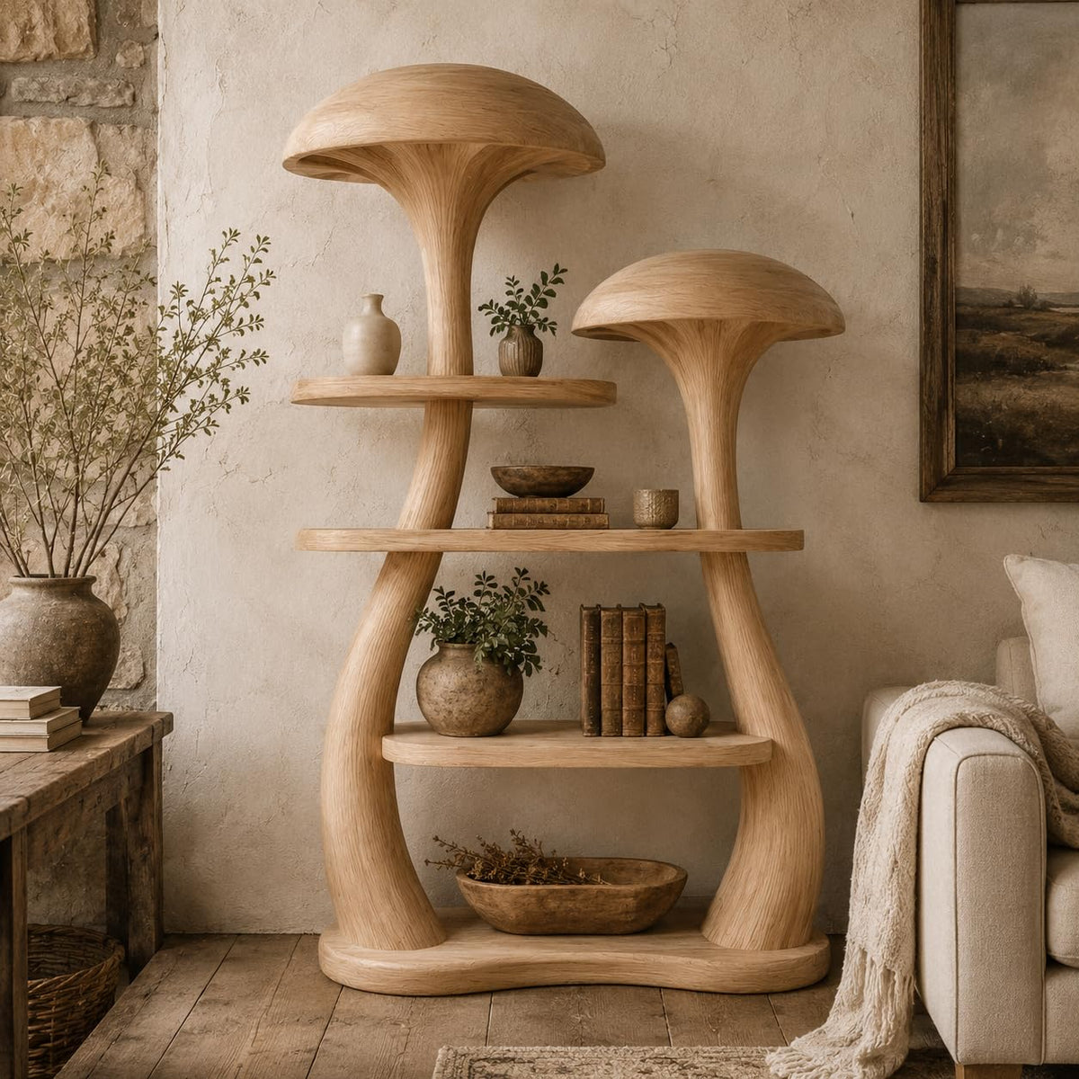 Mushroom Tree Bookshelf, Wooden Nature Inspired 50" W x 60" H Fantasy Bookcase with Tiered Display Shelves for Living Room Decor (Option 1)
