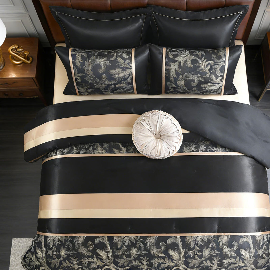 CozyDH Black Gold Jacquard Comforter Set California King, 7PCS Bed in a Bag