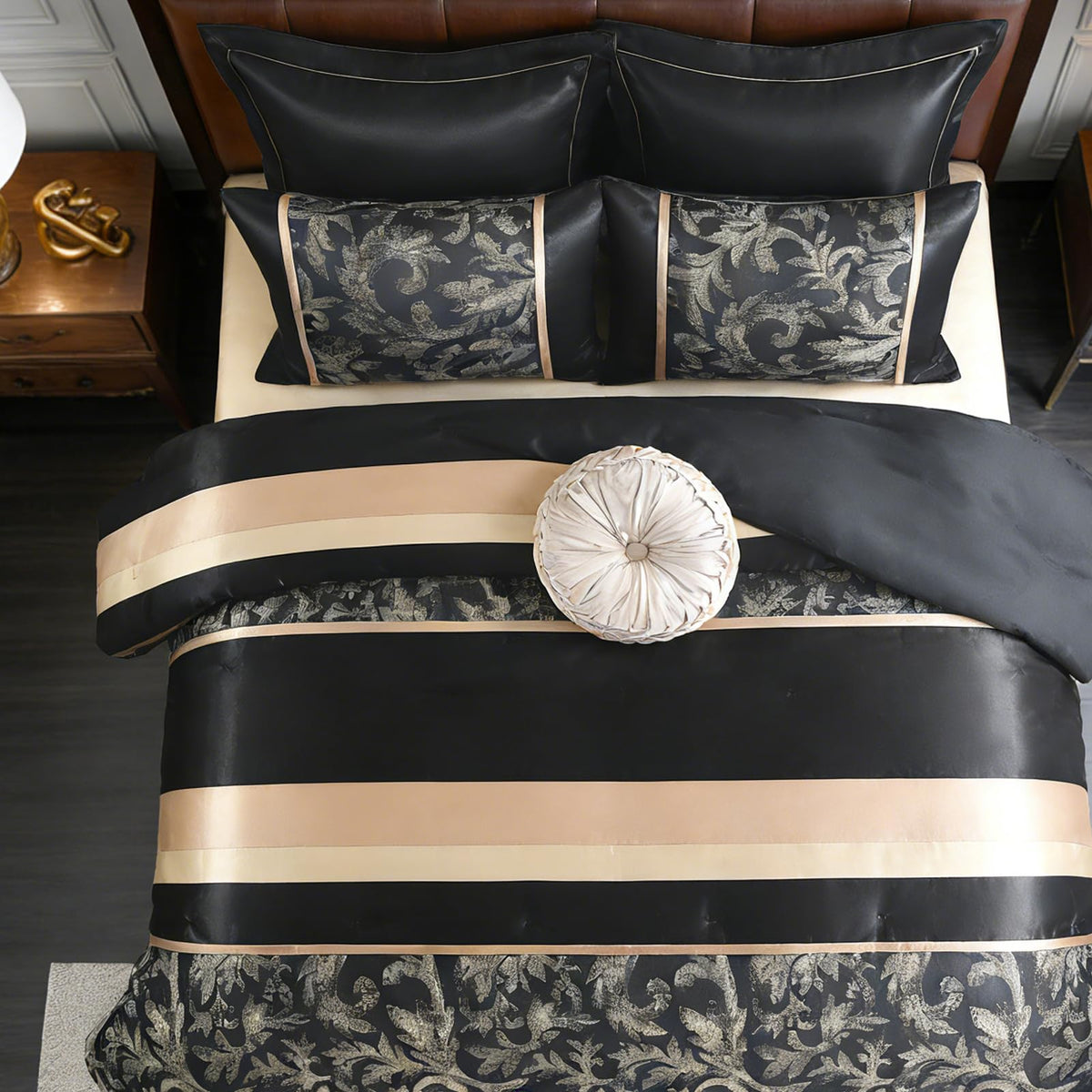 CozyDH Black Gold Jacquard Comforter Set California King, 7PCS Bed in a Bag