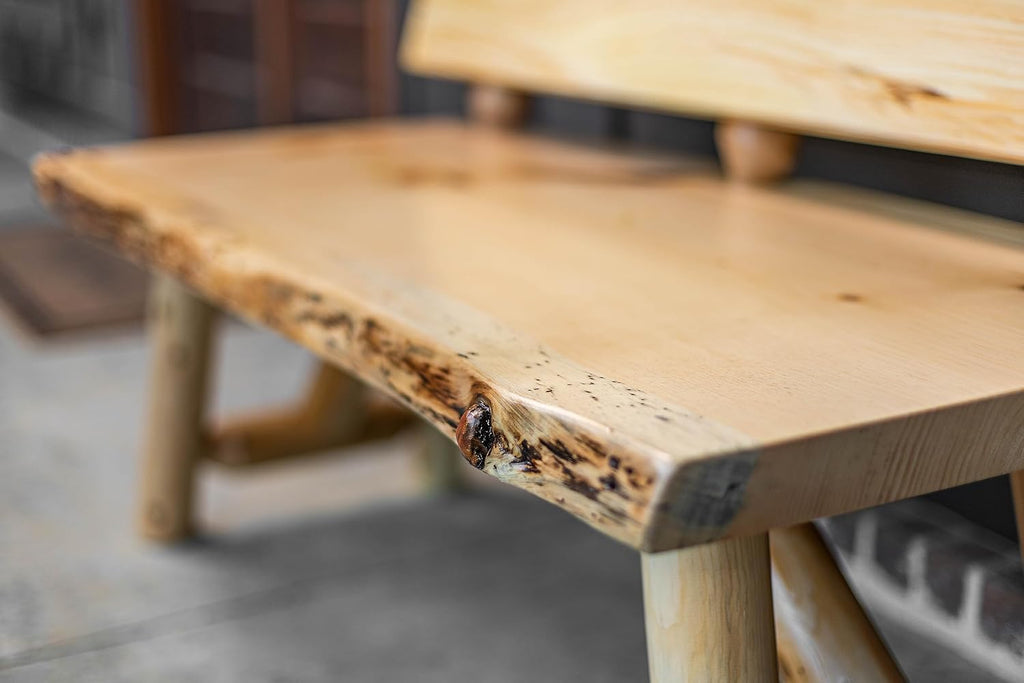 Rustic Log Live Edge Wooden Bench with Live Edge Slab Back Support (Natural Clear)