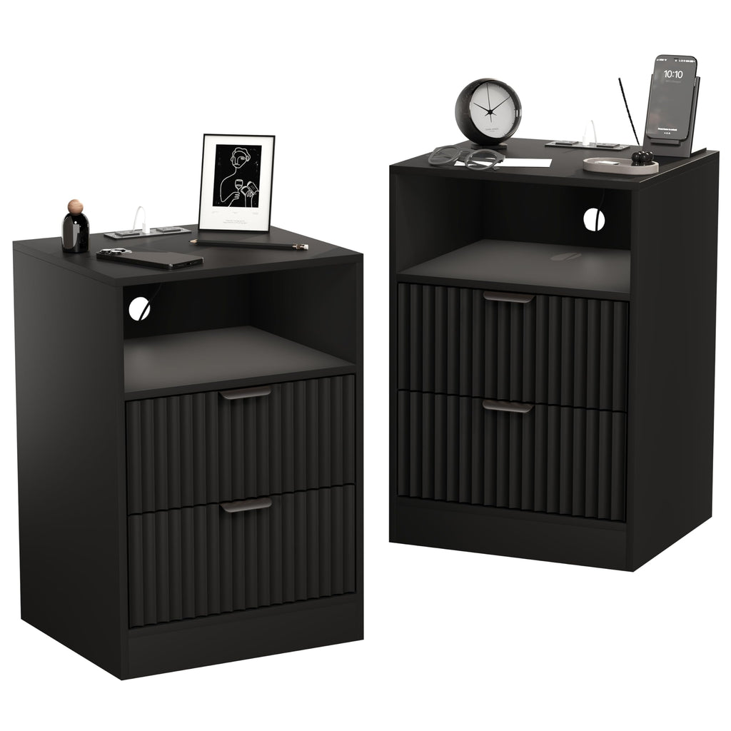 Fluted Nightstands with Charging Station, Set of 2