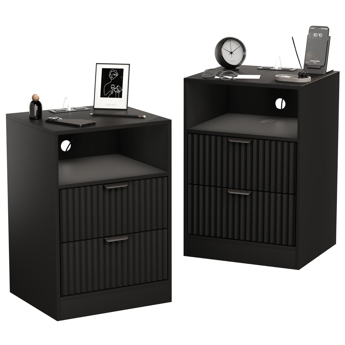 Fluted Nightstands with Charging Station, Set of 2