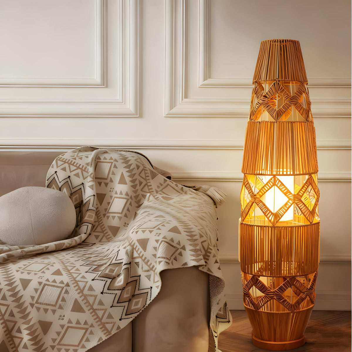34.64" Mid Century Boho Farmhouse Wood Floor Lamp with Bamboo Shade
