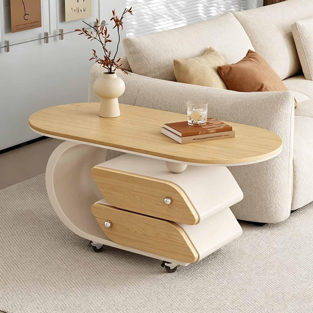 Rolling Wood-Top Storage Side Table
